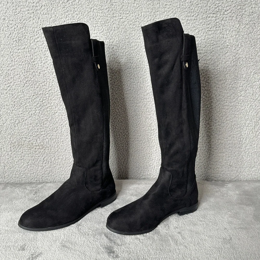 Kenneth Cole Reaction WES Stretch Back‎ Black Knee Boots Womens 6.5M Flat Zip